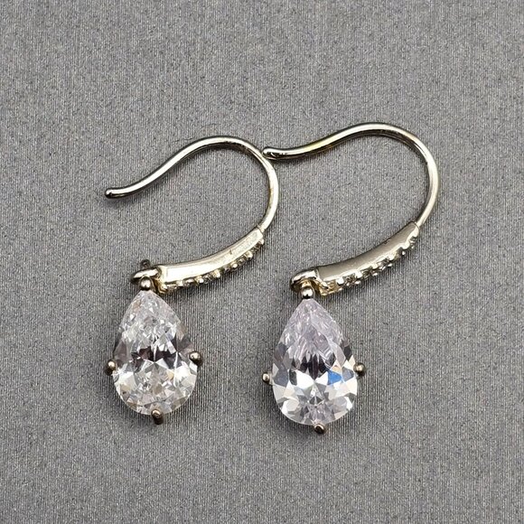 Teardrop Cubic Zirconia Drop Earrings Sterling Silver Hooks Pave Accents by CH - Picture 5 of 9